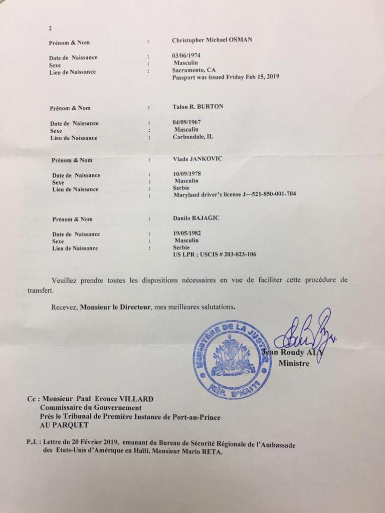 Haitian Ministry of Justice document regarding the passport issued to Christopher Osman, one of the detained contractors. 