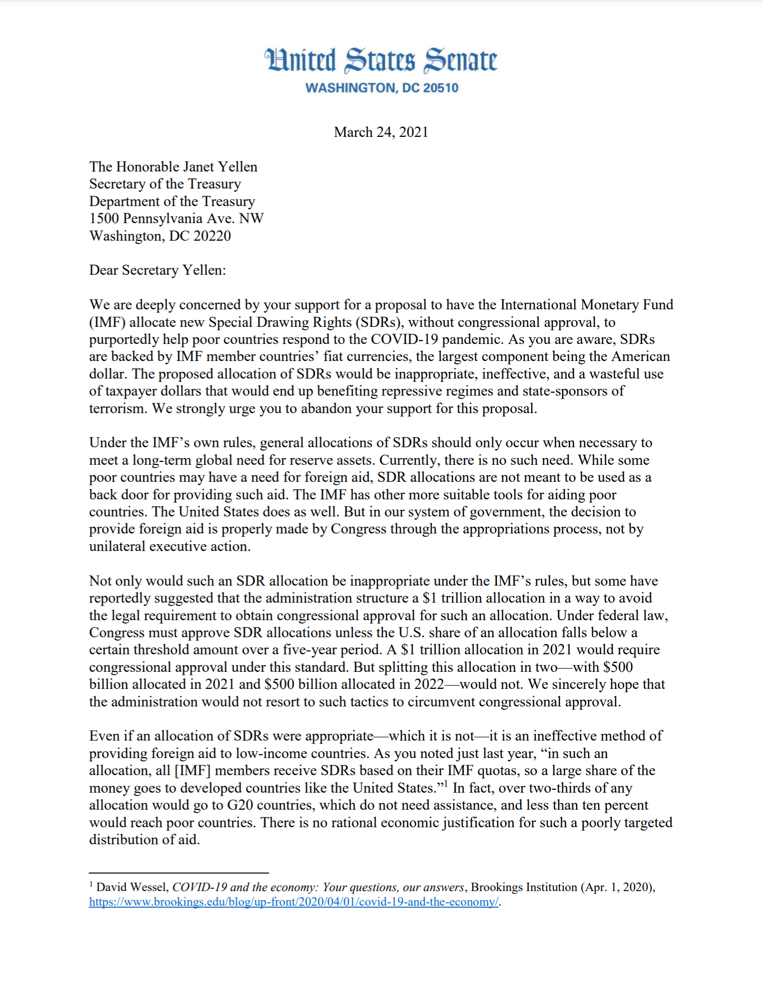 March 24, 2021 letter from Sens. Toomey, Risch, Kennedy, and Hagerty to Treasury Secretary Yellen regarding a new issuance of SDRs.