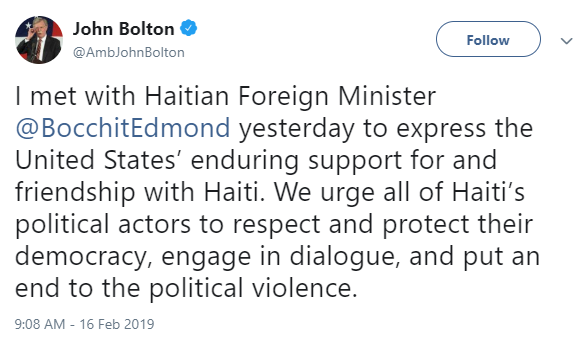 Bocchit Edmond also met with Trump’s national security advisor John Bolton. 